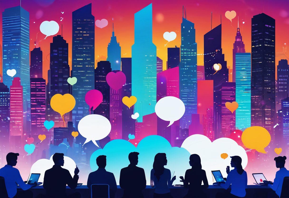 A vibrant digital landscape showcasing a diverse group of people interacting online through various devices, such as laptops and smartphones. Incorporate elements like chat bubbles, hearts, and community symbols to symbolize engagement and connection. The background features a colorful, futuristic city skyline to represent the digital age. Use warm, inviting colors to evoke a sense of community. super-realistic. vibrant colors. 3D.