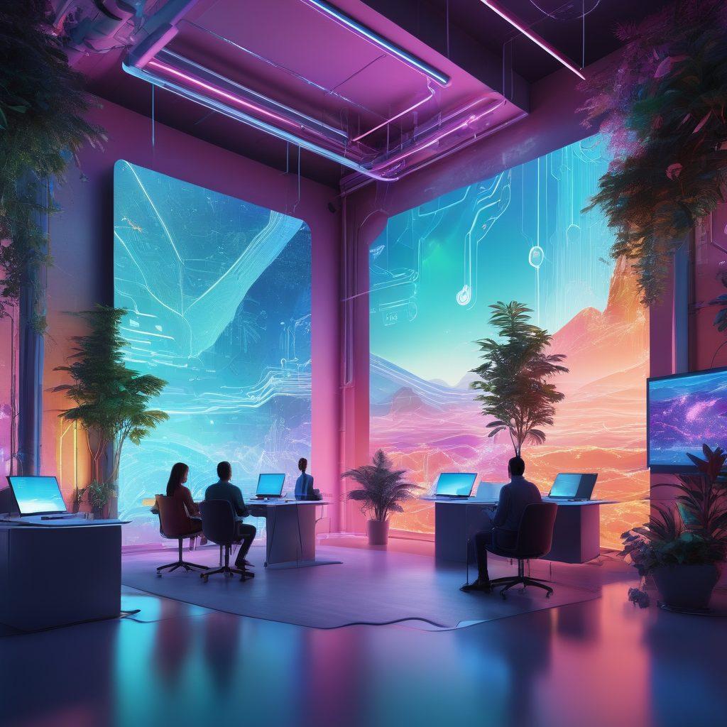 A futuristic landscape filled with digital elements like glowing circuit patterns, holographic screens displaying engaging content, and diverse individuals collaborating in a creative workspace. The scene should convey a sense of excitement and innovation in the online world. Soft, vibrant colors blending technology with nature, showcasing a balance between digital and organic elements. illustration style. vibrant colors. 3D.