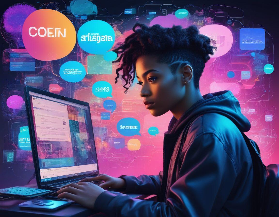 An intricate digital collage showcasing various internet content platforms like blogs and forums, featuring a person navigating through digital screens filled with text and images. Illustrate diverse creators engaged in discussions and sharing ideas, symbolized by colorful thought bubbles. Imagine a blend of technology and creativity, with a dynamic and vibrant color palette that reflects diversity in content types. A futuristic, tech-inspired aesthetic, with a hint of cyberpunk style.
